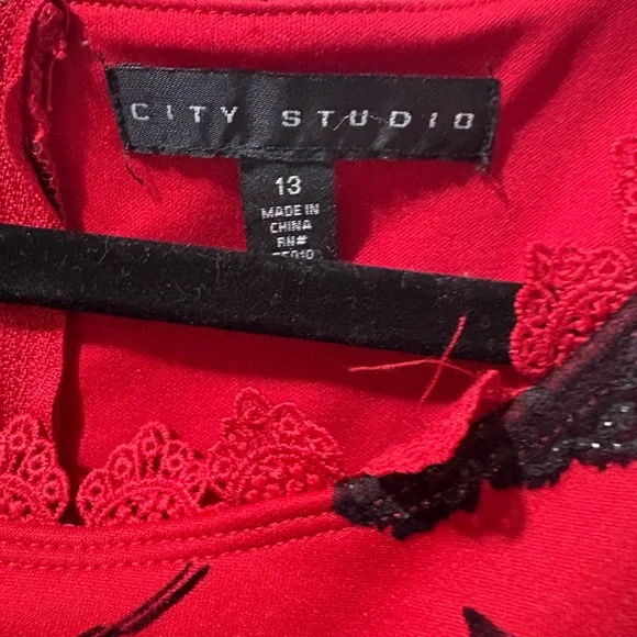 City Studio Red Dress with Black Lace Detail - Picture 3 of 5